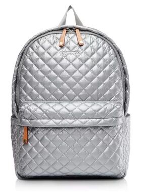 MZ Wallace Metro Quilted Metallic Silver Backpack with Detachable Pouch